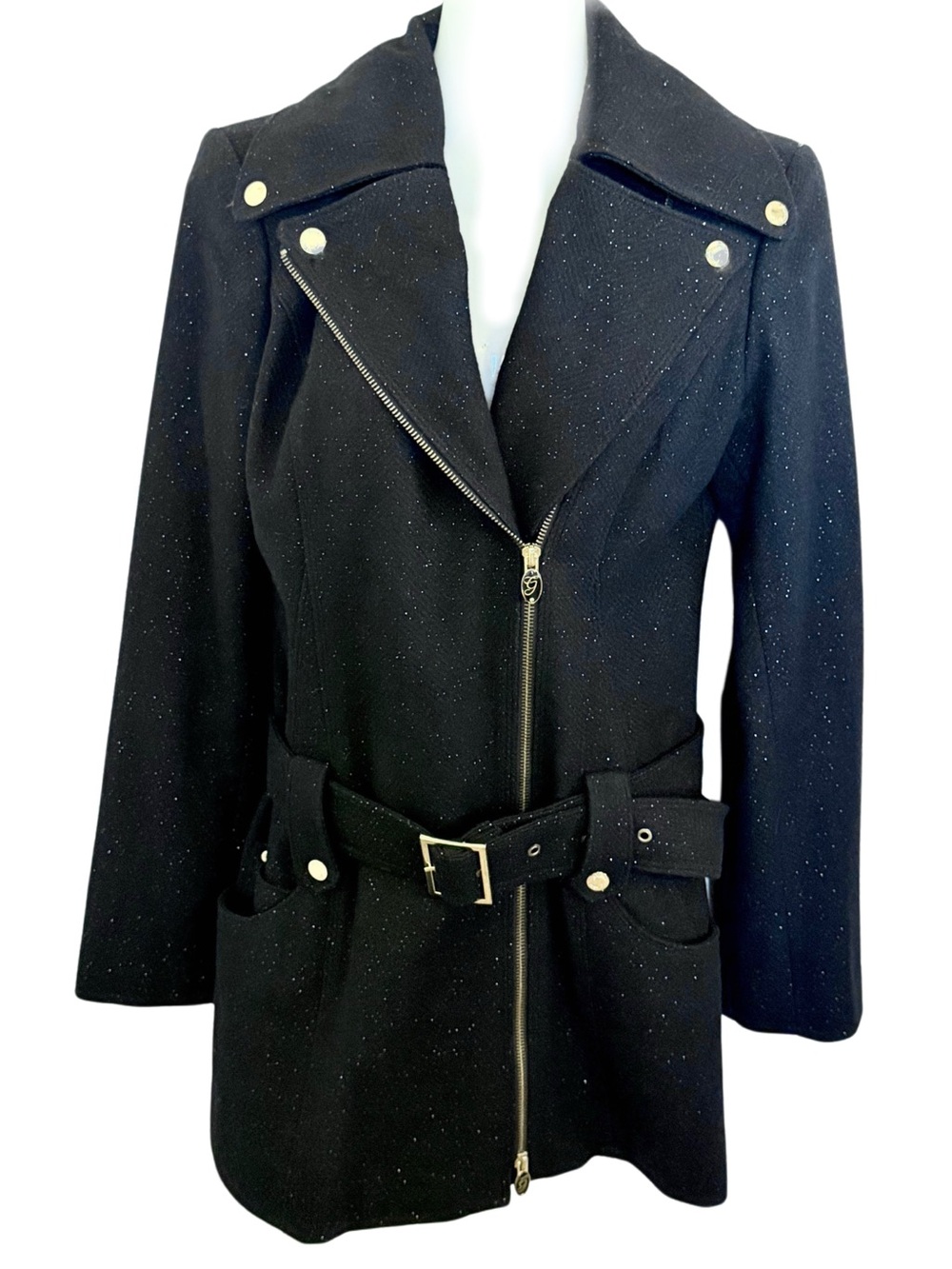 GUESS Black Wool Blend Coat XS Gold Shimmer Sparkle Moto Trench Belted Zip - Picture 3 of 14
